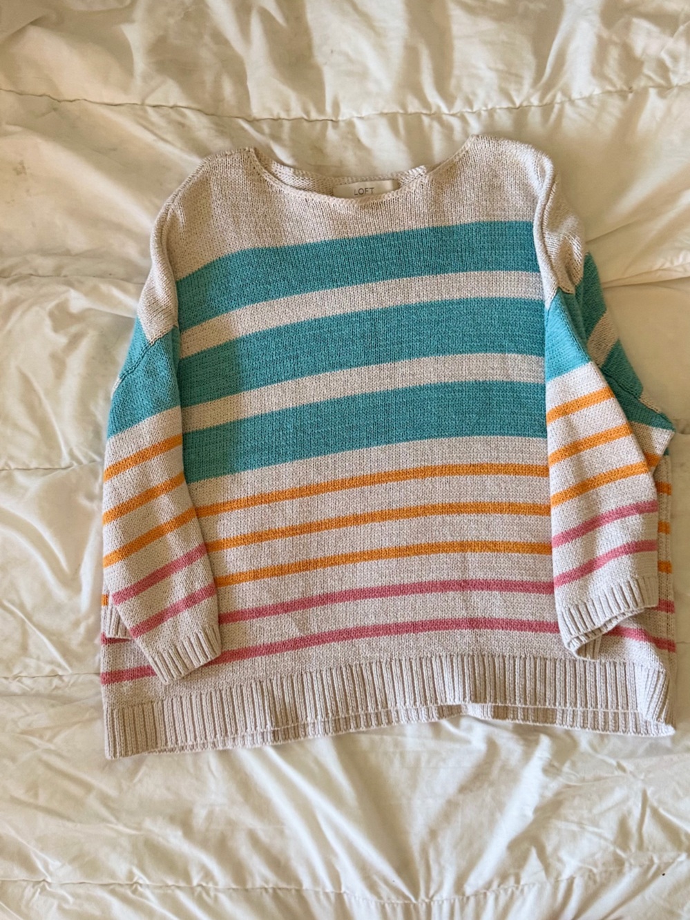 LOFT Cream and Teal Scoop Neck Knit Sweater